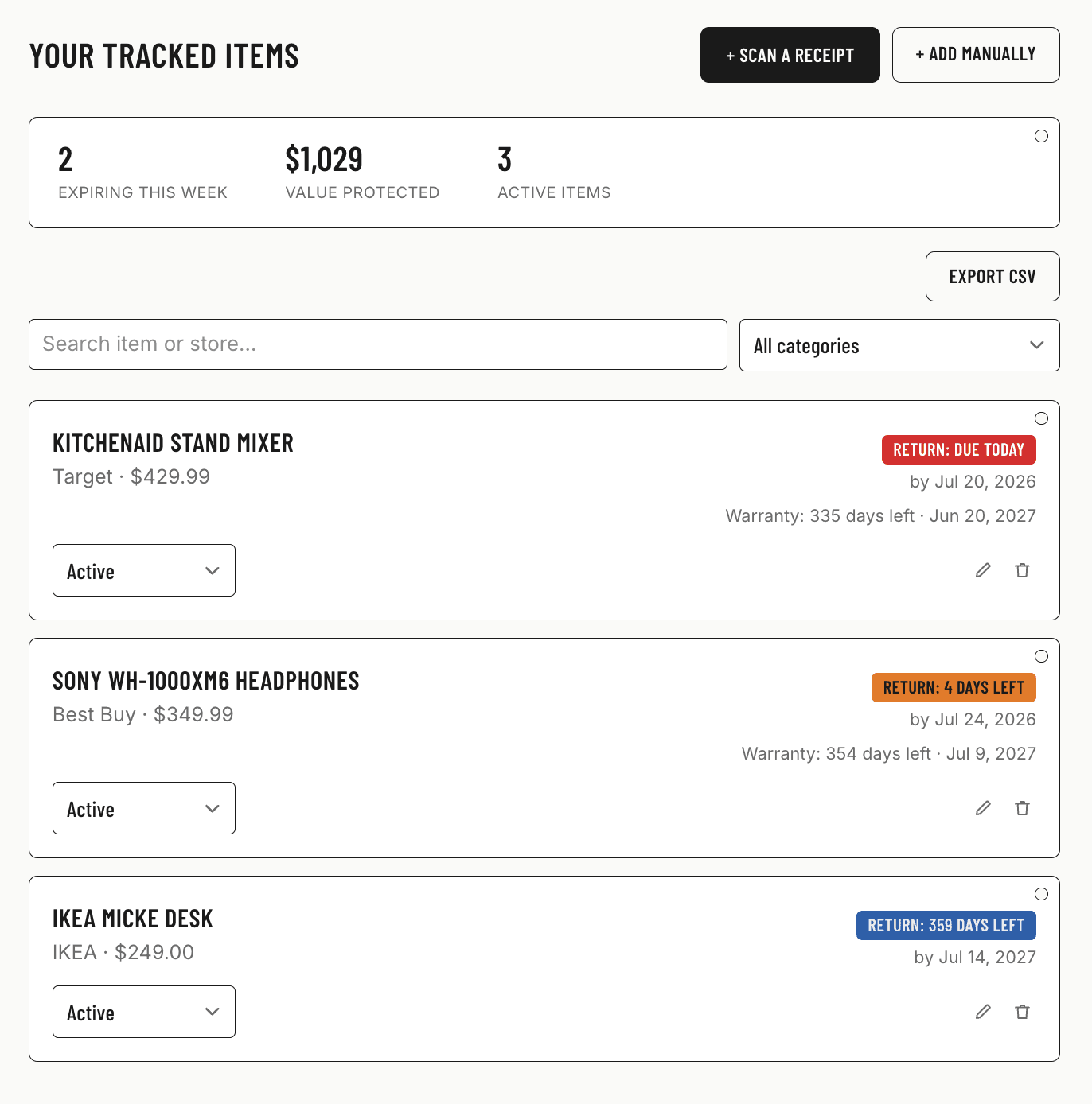 The tracked-items dashboard: cards showing return and warranty deadlines with urgency colors and quick actions