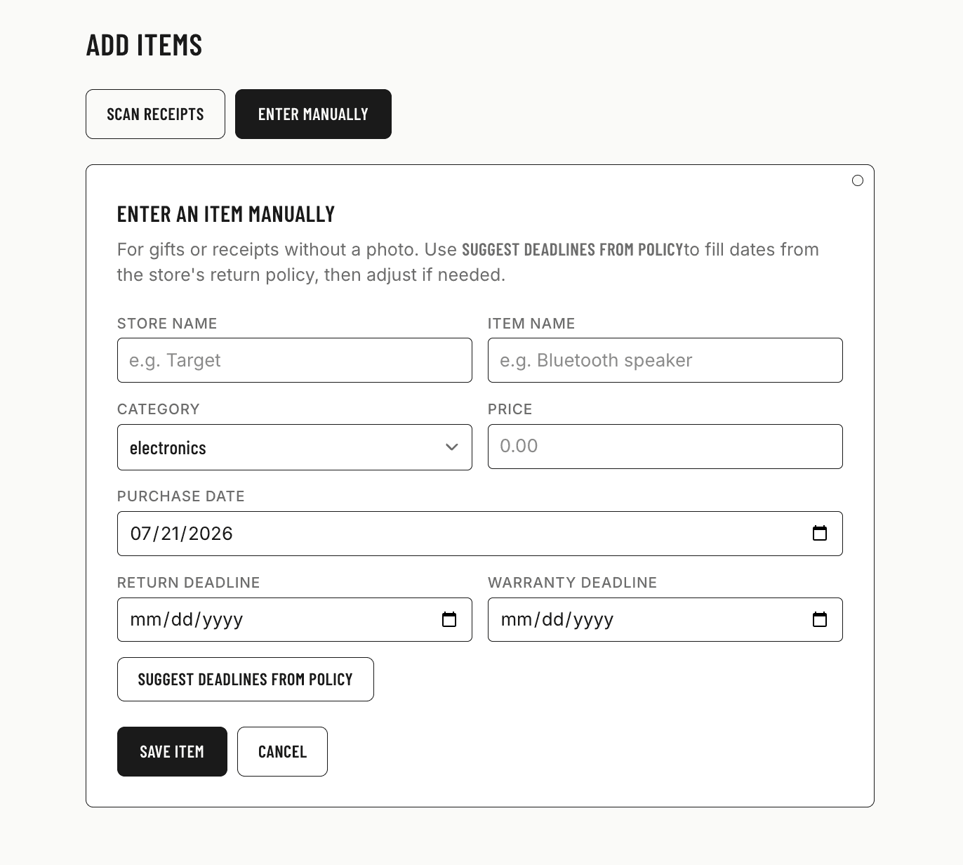 Manual item entry form with store, category, price and suggested deadlines