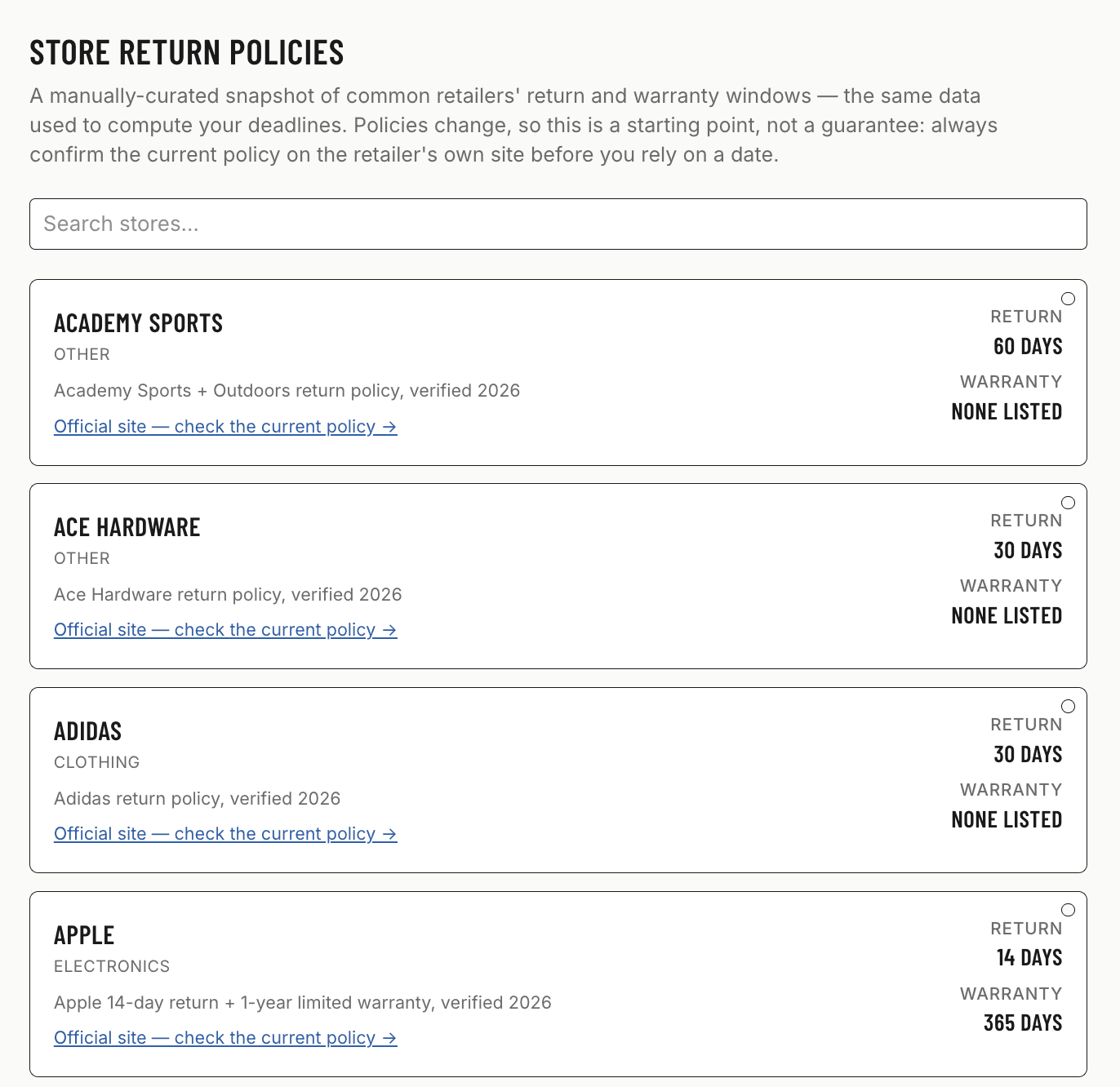 Store return policies page listing retailers with return and warranty windows