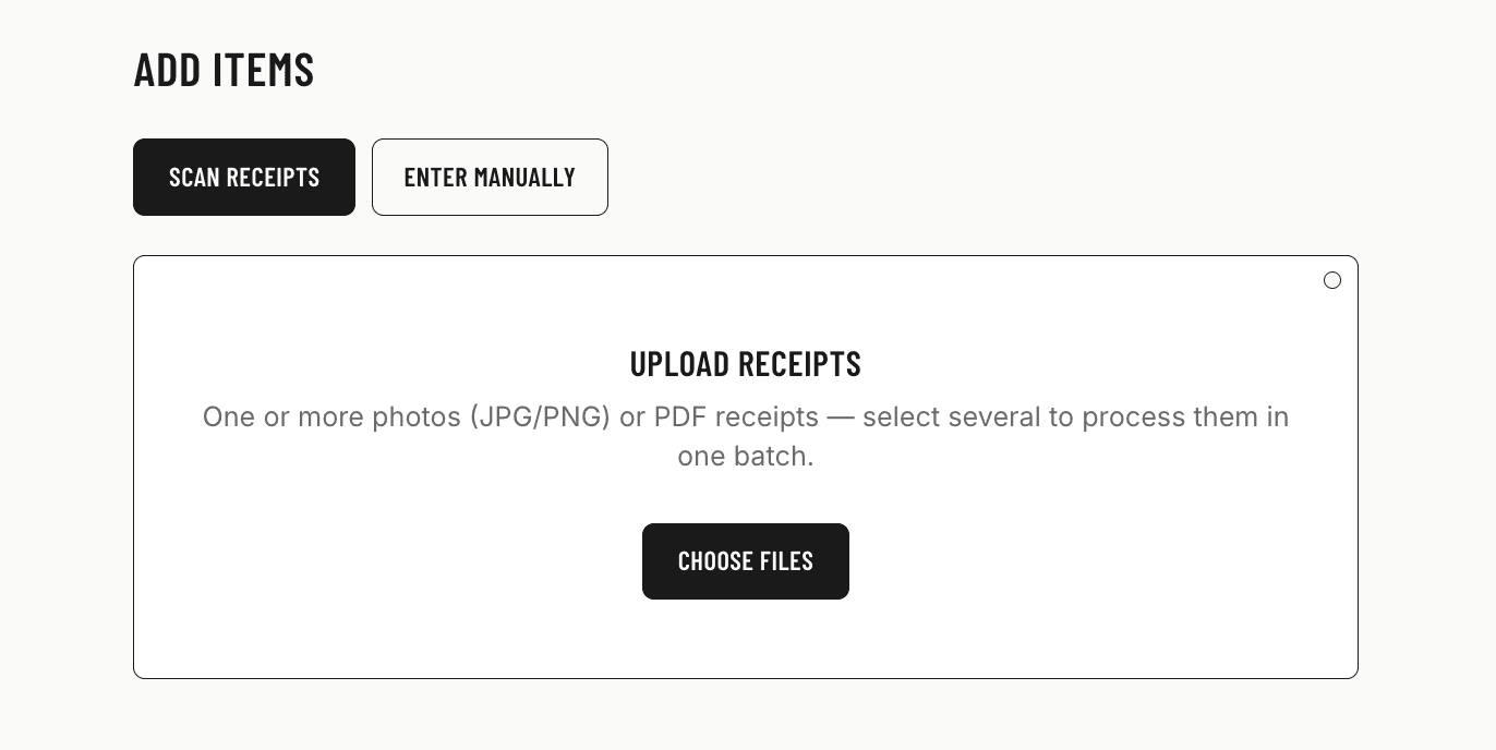 Receipt upload screen accepting multiple photos or PDFs at once